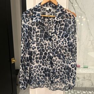 Diane Von Furstenberg Womens Silk Jaguar Print  Blouse Blue Size 12